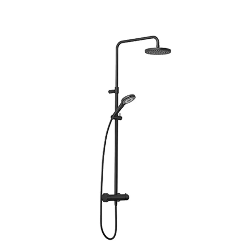 Schwarzes Thermostat-Duschsystem von Kludi mit einem festen Regenbrausekopf und einer Handbrause, montiert an einer Wand in einem minimalistischen Design.